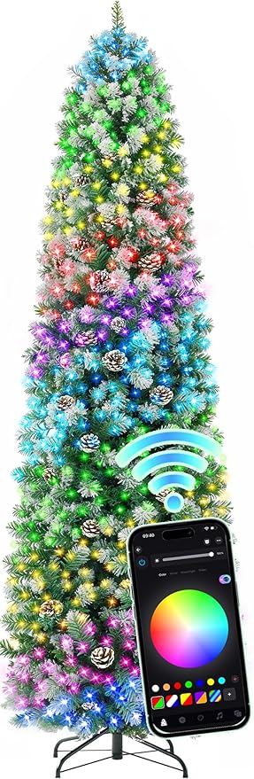 HOLLO STAR 7.5 ft Prelit Christmas Tree with 304 LED Lights, App Control, Slim Pencil Christmas Tree, Multi-Color RGBW Lights, 950 Flocked Frosted Tips, Xmas Tree, 72 Pine Cones, for Home, Party