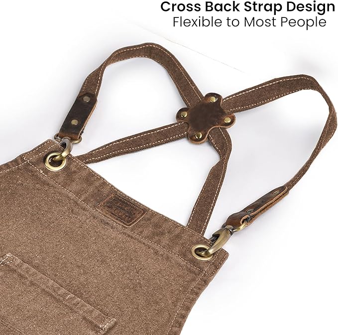 LEATHER VILLAGE Chef Aprons for Men Women with Large Pockets, Cotton Canvas Cross Back Adjustable Work Apron, Size M to XXL