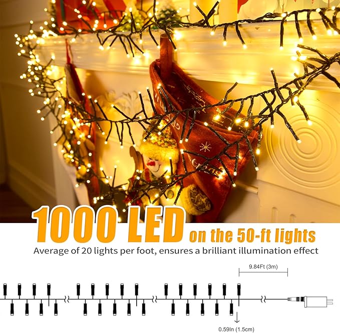 1000 LED Amount of Christmas Tree Lights Decorations with Remote, Waterproof Plug in Cluster Lights Christmas for Outdoor Indoor,Warm White 2Packs