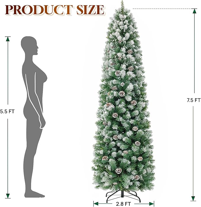 HOLLO STAR 7.5 ft Prelit Christmas Tree with 304 LED Lights, App Control, Slim Pencil Christmas Tree, Multi-Color RGBW Lights, 950 Flocked Frosted Tips, Xmas Tree, 72 Pine Cones, for Home, Party