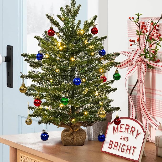 Uten Mini Christmas Tree Small Christmas Balls 18 PE Whitewash/1 Linen Base 50 LED Waterproof Battery Box with Christmas Decorations for Home, Office, Party