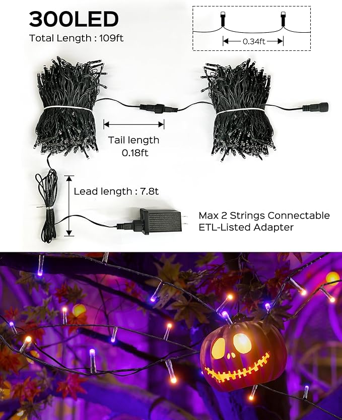 JACKYLED 300LED Purple & Orange Halloween Lights, 109FT Outdoor String Lights Connectable, Memory Function, 8 Modes Indoor Halloween Decorations for Party Carnival Supplies, Outdoor Yard Garden Decor