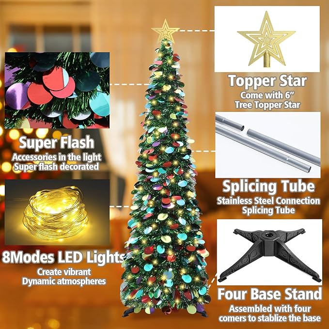 HMASYO 5 FT Pop Up Christmas Tree with Timer Lights, Green Christmas Tinsel Tree, Collapsible Artificial Pencil Christmas Tree for Indoor Home Apartment Porch Holiday Party Decorations
