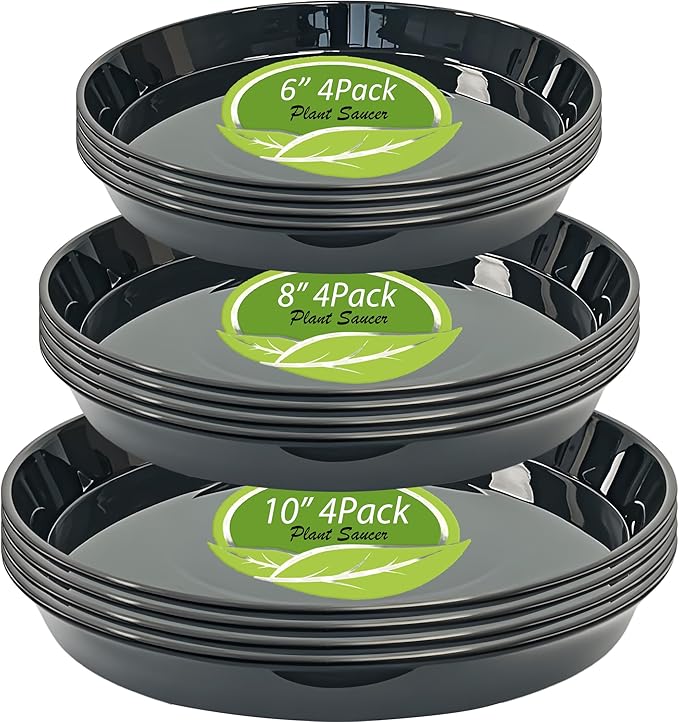 6 8 10 inch Plant Saucer, Heavy Sturdy Plastic Planter Trays Pot Tray for Indoor Outdoor, Plant Water Plate Drip Trays for Pots, (12 Pcs, Black)
