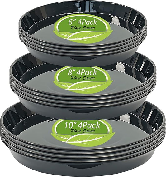 6 8 10 inch Plant Saucer, Heavy Sturdy Plastic Planter Trays Pot Tray for Indoor Outdoor, Plant Water Plate Drip Trays for Pots, (12 Pcs, Black)