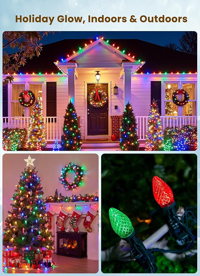 C9 LED Christmas Lights Outdoor, 66 Feet 100 LED C9 String Light with 100 Spring Clips, Waterproof Connectable Multicolor Christmas Tree Lights for Outside Roofline, Patio, Home Xmas Decor, 2 Pack