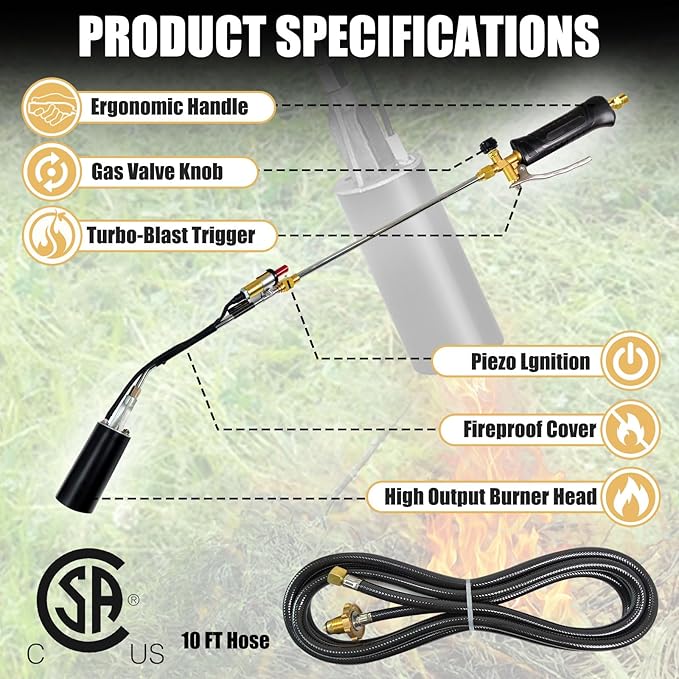 Torch Weed Burner High Output 1,200,000 BTU Blow Torch for Weed，with 11.5FT Hose，Torch with Flame Control For Weeding，Melting Snow, Road Marking，Garden, Wood, Snow, Stumps (Black)