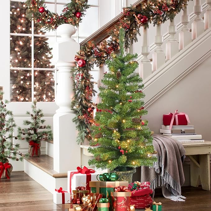 4FT Artificial Potted Christmas Tree with Lights, Pre-lit Mini Christmas Tree with 50 LED Lights, Small Fake Spruce Tree with 140 Branch Tips, Pine Cones&Red Berries, Battery Operated