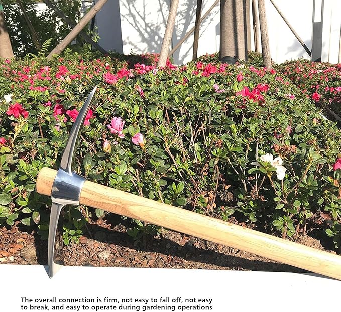 Pick Axe, Stainless Steel Rock Pick Pickaxes Mattock Hoe with Wooden Handle Pick Axe Hand Tool for Transplanting Planting Loosening Soil Prospecting
