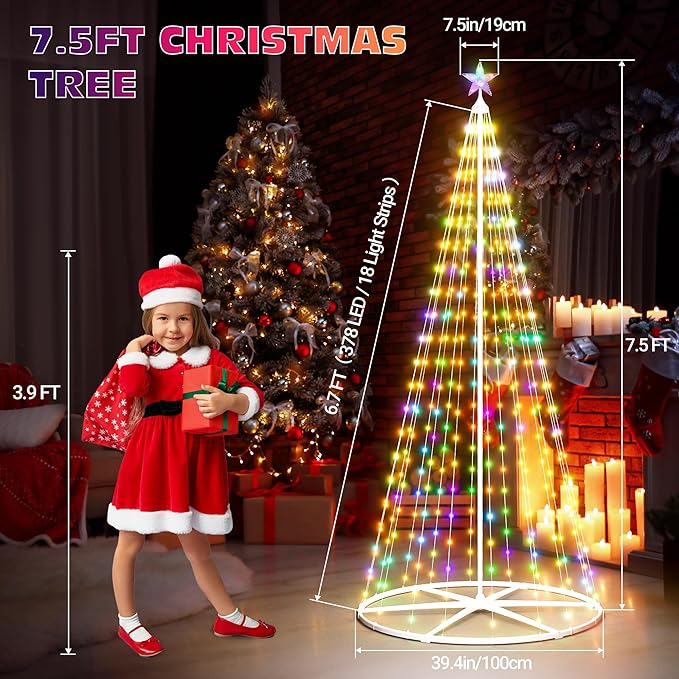 5FT+6FT+7.5FT Smart Cone Christmas Tree, Multicolor Prelit Outdoor Christmas Tree Lights, Music Sync, App & Remote Control, LED Light Show Tree for Indoor Outdoor Decorations