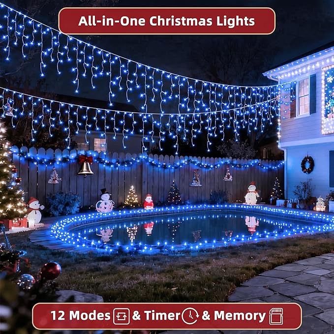 1332 LED 132ft Christmas Lights with 296 Drops, 12 Lighting Modes Blue Christmas Decoration Twinkling Lights Dimmable, Timer Outdoor Waterproof Fairy Lights for Indoor Xmas Garden House Eaves Roof