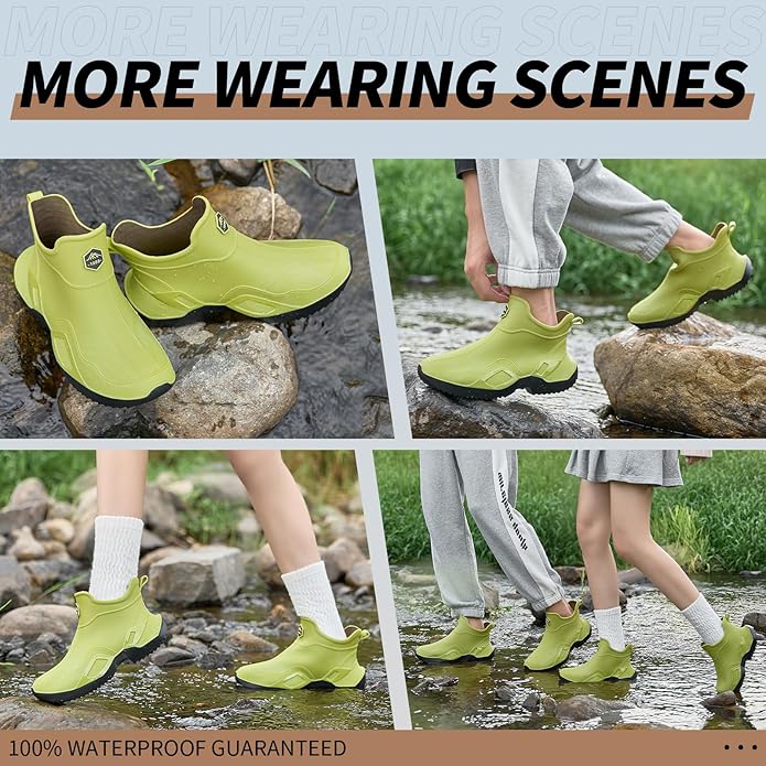 Women's Ankle Rain Boots - Slip On Waterproof Festival & Garden Shoes for Men - Comfortable Lightweight Rubber Wellies with Decorative Buckle