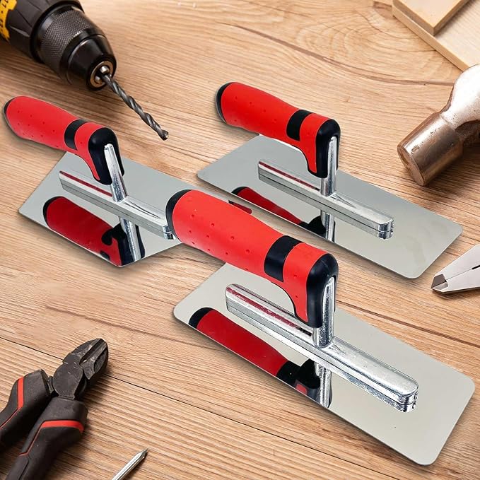 3 Pack Plaster Finishing Trowel Set, Polished Stainless Steel Paint Plastering Hand Tool with Rubber Handle, 0.7mm Thickness Concrete Trowel for Drywall Repairs and Spreading