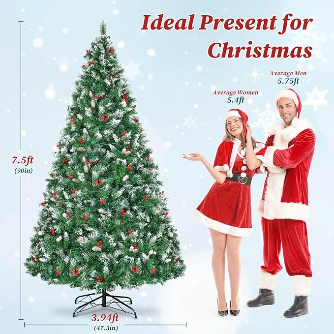 7.5ft Prelit Spruce Artificial Christmas Tree, Full Prelighted Xmas Tree Partially Flocked, 550 LED Lights, 1398 Branch Tips, 82 Pinecones, 82 Berries, Foldable Base, Holiday Decoration