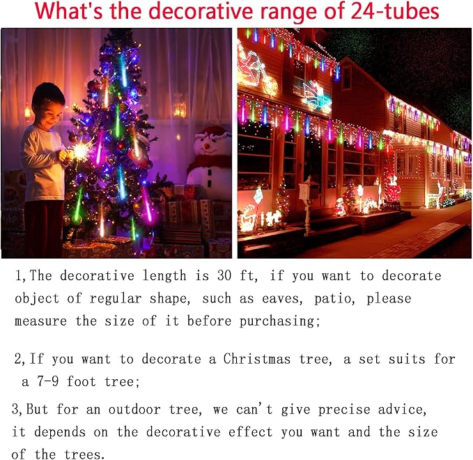 Kwaiffeo Halloween Lights, 24 Tubes Meteor Shower Lights(Equivalent to 3 Sets of 8-Tube) for Halloween Christmas Decorations Outdoor, Multi Color-Purple, Orange, Green and Icicle Blue