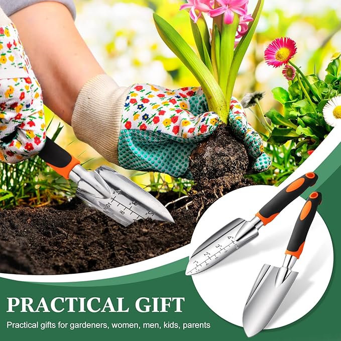 Honoson Garden Hand Trowel Transplant Trowel with Measurements Aluminum Alloy Planting Tools with Rubber Handle Small Gardening Hand Tools Shovels for Gardening Cultivating Transplanting Supplies