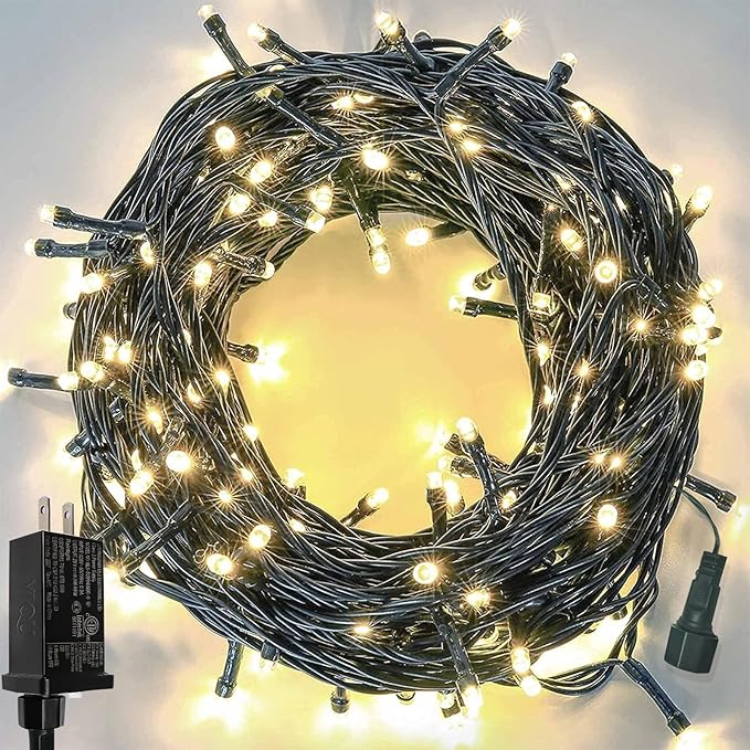 33 FT 100 LED Christmas String Lights Indoor Outdoor, Memory Function & Timer & 8 Modes, UL Certified, Linkable Green Wire Waterproof Twinkle Light for Christmas Tree Party Garden Decor (Warm White)