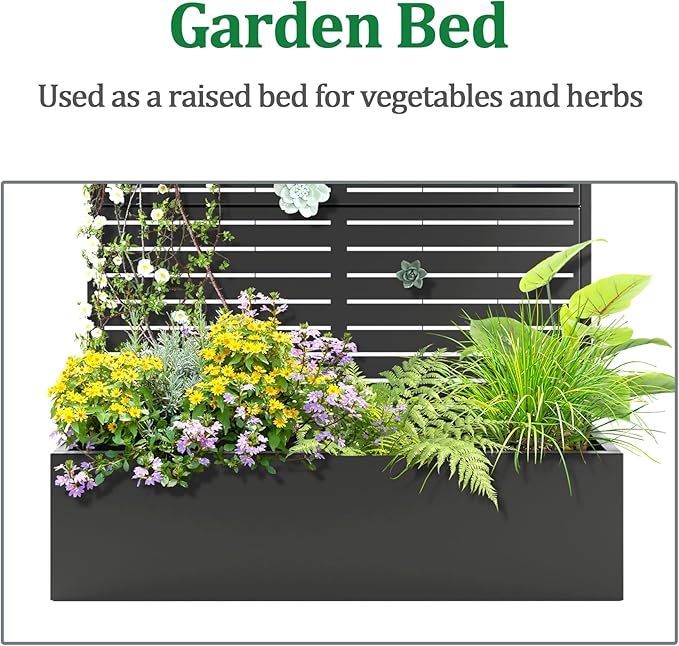 Metal Raised Garden Bed with Trellis, 2 in 1 Trellis with Planter Box & Privacy Screen for Climbing Plants, Vine, Outdoor Standing Flower Beds with Drainage Holes, 47" L x 17" W x 71" H, Black