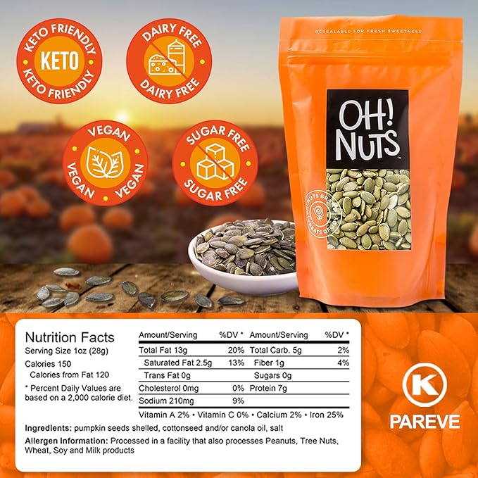 Oh! Nuts Pumpkin Seeds - Roasted Salted - 1.25 lb - No Shell Pepitas - Packed in New York Zip-Seal Bag for Exceptional Freshness