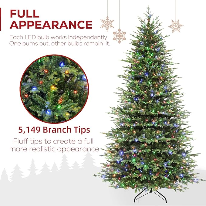 Hykolity 9ft Pre-lit Artificial Christmas Tree, 600 Color Changing LED Lights, 5149 PE&PVC Realistic Branch Tips, Metal Stand and Hinged Branches, 10 Modes