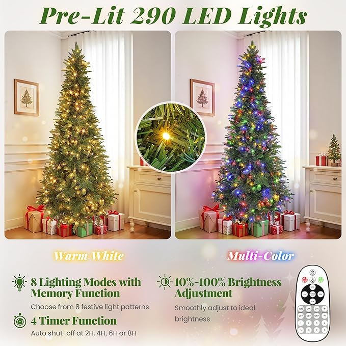 6.5FT Green Pre-Lit Pencil Artificial Christmas Tree with 360° Rotating Musical Base, 834 Branch Tips, 290 LED Warm & Multicolor Lights, 8 Lighting Modes, Slim Xmas Tree Holiday Decoration