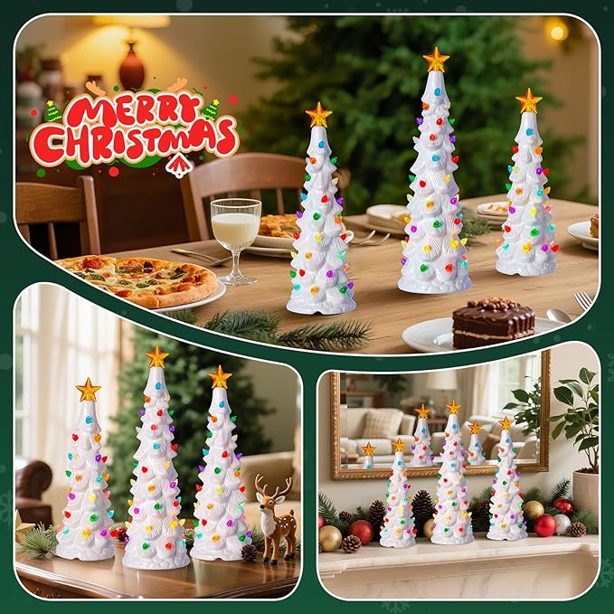 Brightown Lighted Ceramic Christmas Tree Set of 3, Pre-Lit Hand-Painted Tabletop Christmas Tree with Multicolored LED Lights, Battery Operated Vintage Ceramic Tree for Home Table Holiday Decor, White