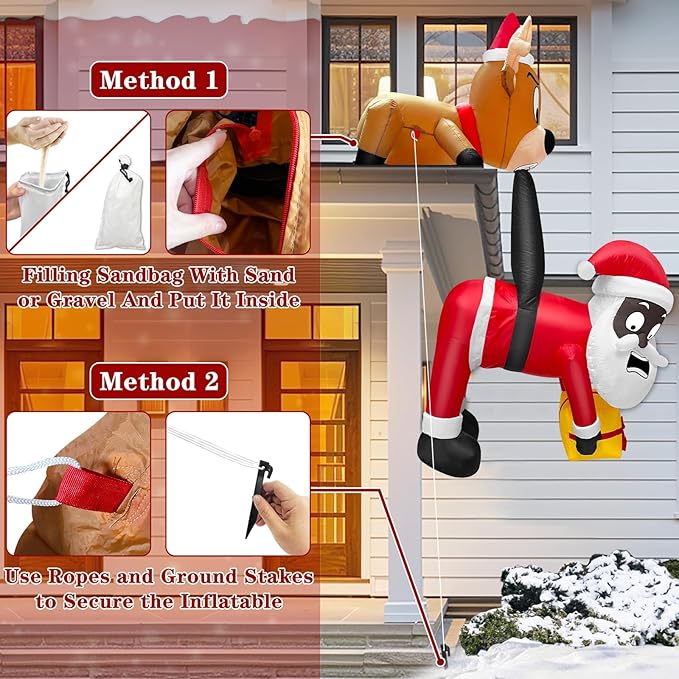 6 Ft Christmas Inflatable Reindeer & Climbing Black Santa Claus, Funny Hanging Outdoor Decoration with Built-in LED Light, Christmas Blow Up Yard Decor for Beam Roof Tree Indoor Home Party Lawn Decor