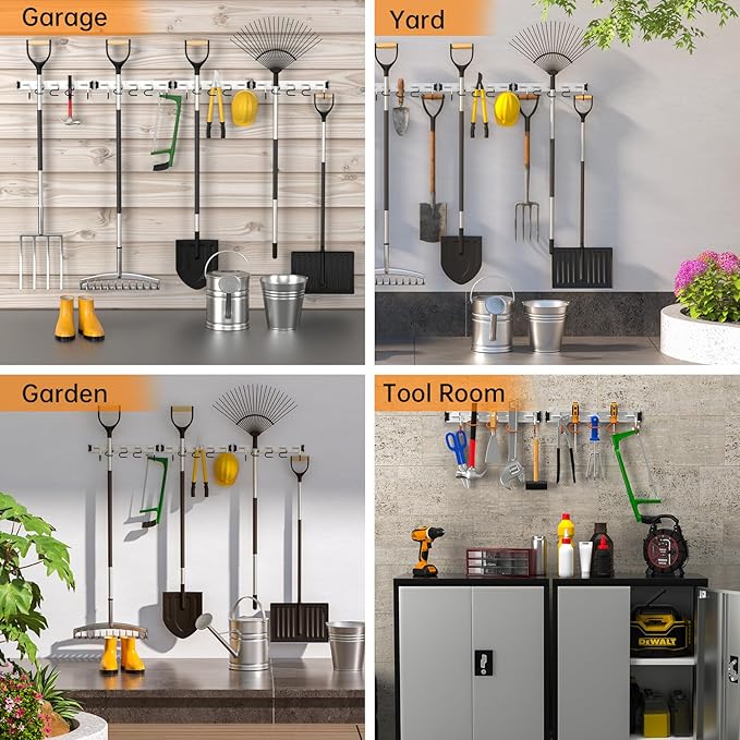 34.5'' Aluminum Alloy Garden Tool Organizer Wall Mount Garage Organizers and Storage with Hooks Tool Hangers for Shed Hooks for Shovel, Rake, Broom & More