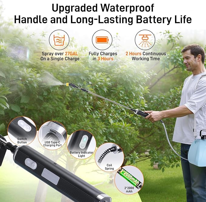 Electric Garden Sprayer 2.1 Gallon, 4 Mist Nozzles, Telescopic Wand, Adjustable Shoulder Strap, USB Rechargeable Waterproof Handle, Automatic Plant Mister for Lawn Garden