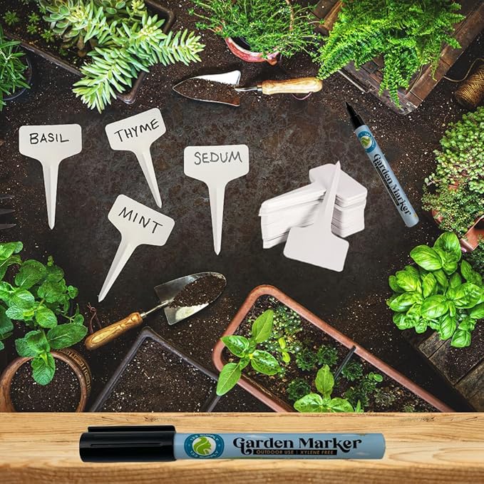 100 Pack T-Type Plant Labels for Seedlings with 2 Pack of Garden Marker Pens (Garden Markers Fade Resistant Plant Markers Outdoor Waterproof Pen Black Permanent Markers Plant Tags)