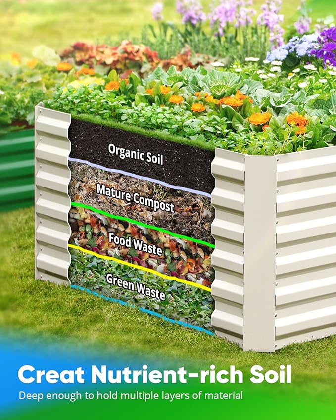 Quictent Galvanized Raised Garden Bed 8x4x2 Ft Tall Metal Planter Box for Vegetables Bottomless for Backyard, 2 Tomato Cages Included, 22.04" Deep, Beige