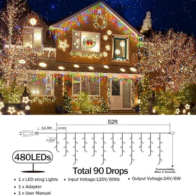 52FT Christmas Lights Outdoor Decorations 480LED Fairy String Light 12 Lighting Modes with Timer Memory Waterproof Christmas Light for Yard Roof Party Holiday Wedding Garden Decor