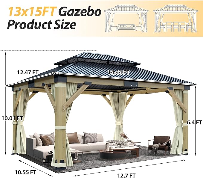 13'x15' Wood Gazebo, Outdoor Solid Wooden Gazebo with Double Roof Galvanized Steel Top, Hardtop Cedar Frame with Curtain & Netting for Garden, Patio, Deck, Backyard