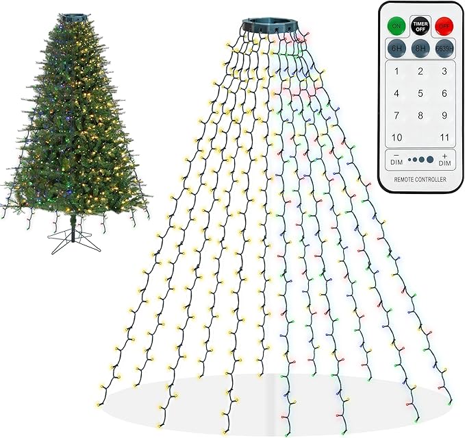 Dazzle Bright Christmas Tree Lights, 448 LED Waterfall Tree Topper Lights with Remote & 11 Modes, 8.2FT X 16 Lines Christmas Light for Indoor Outdoor Party Xmas Decoration, Warm White & Multi-Colored