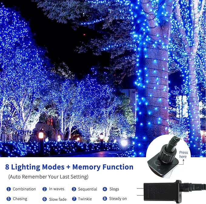 105FT 300LEDs Christmas Lights Outdoor Indoor 8 Modes for Christmas Tree Party Decoration, 100% UL Listed (Blue, 105 FT)