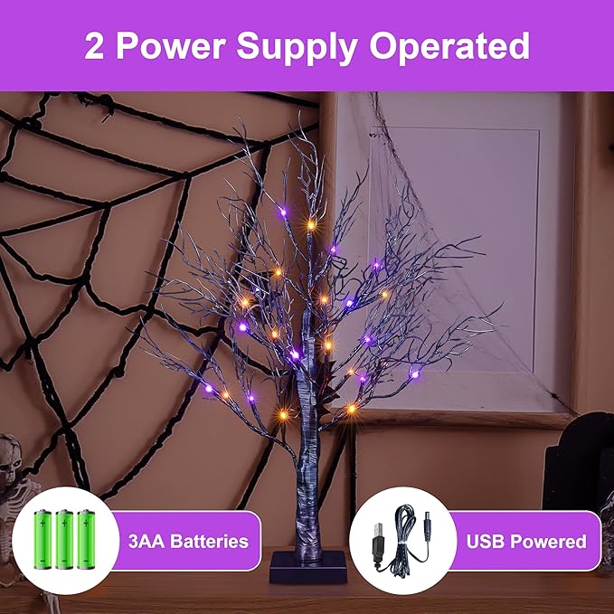 LIGHTSHARE 26IN Halloween Willow Bonsai 20LED Lights Artificial Black Spooky Tree for Home, Festival, Nativity, Party, and Christmas Decoration, Plug in or Battery (Orange+Purple)