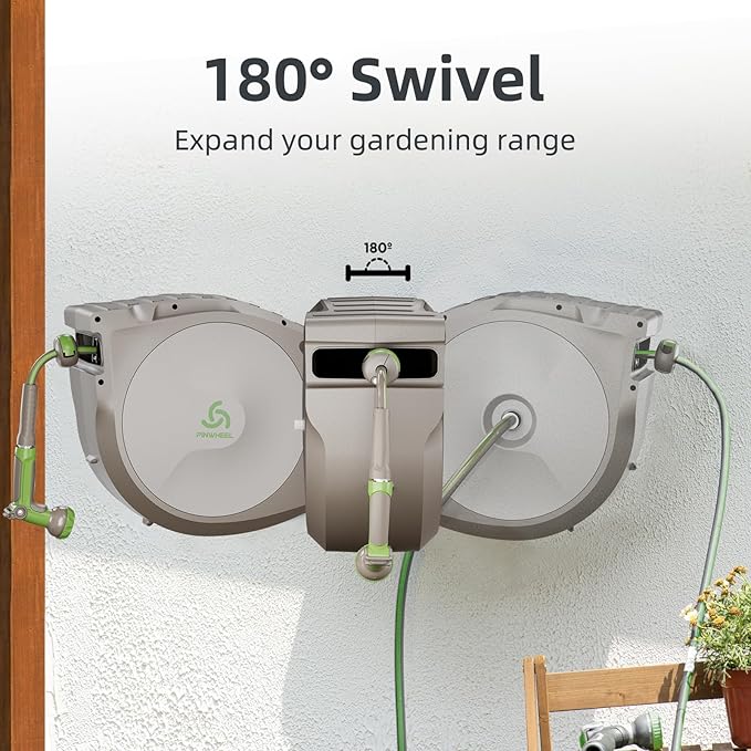 PINWHEEL 5/8in 100FT Retractable Garden Hose Reel, Automatic Retractable Hose with 10-Pattern Spray Nozzle, 180° Swivel Bracket, 3-Layer PVC Durable Water Hose for Yard Lawn Care (100 FT)