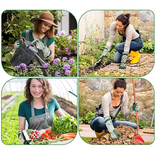 Garden Gloves, Long Sleeve Leather Gardening Gloves for Yard and Gardening Work, Gardening Gifts for Women, Cute, Comfortable, Durable, Green Print (Small)