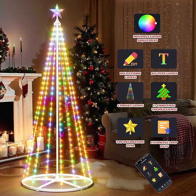 6FT Outdoor Christmas Tree Lights, Multicolor Prelit Smart Cone Christmas Tree with Star Topper, Music Sync, App & Remote Control, LED Light Show Tree for Indoor Outdoor