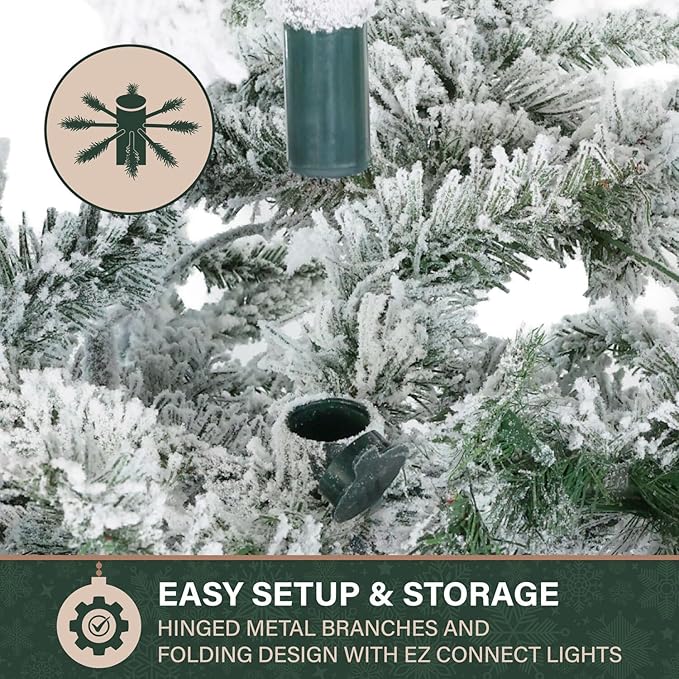 Fraser Hill Farm 7.5-Ft Slim Mountain Pine Flocked Artificial Christmas Tree with Dual Multicolor & White LED Lights & Stand, Prelit Skinny Fake Tree with Realistic Snowy Foliage, Home Holiday Décor