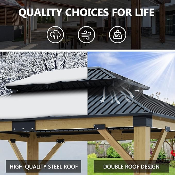 11x13FT Wood Gazebo, Outdoor Wooden Gazebo with Galvanized Steel Double Roof, Hardtop Gazebos for Garden, Patio, Deck, Backyard