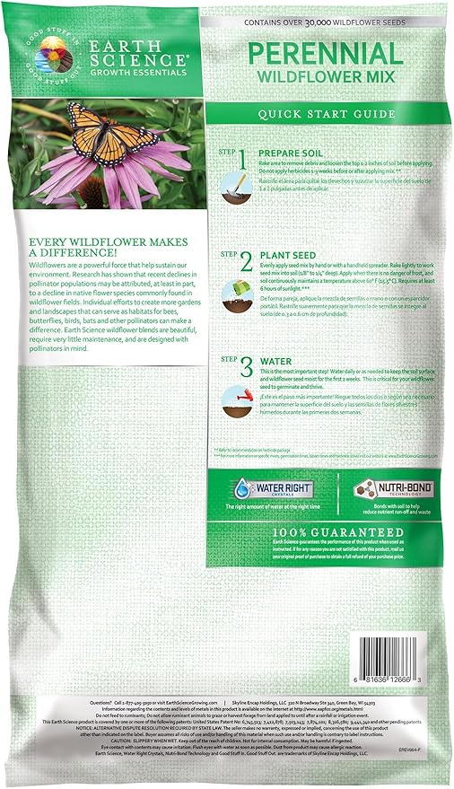 Earth Science Perennial Wildflower Mix—6 lb—3-in-1 Formula with Premium Wildflower Seeds, Plant Food and Soil Conditioners - Non-GMO, Natural Ingredients