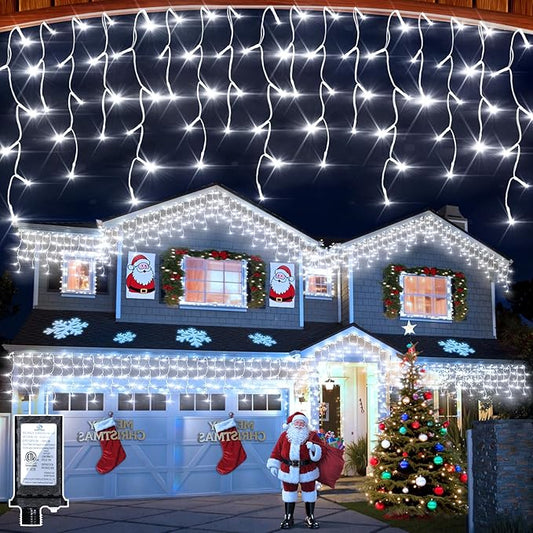 504 LED Christmas Lights with 112 Drops, 50ft 12 Modes Cool White Fairy String Lights with Timer Dimmable, Waterproof Twinkle Lights for Indoor Outdoor Holiday Wedding Party Eaves Yard Christmas Decor