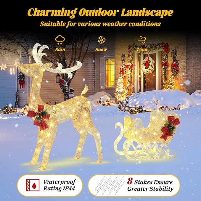Tangkula 4.7 FT Lighted Christmas Reindeer & Sleigh, Xmas Lighted Outdoor Decoration with 100 Warm Lights, 8 Ground Stakes, 30 Cable Ties, Light-up Santa Sleigh & Reindeer for Yard, Home
