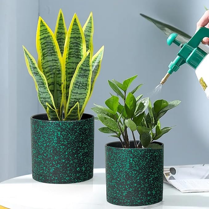 10/8/6 inch Large Deep Plant Pots for Outdoor Indoor Plants, 3 Pack Tall Cylinder Flower Pots, Plastic Planters with Drainage Holes and Saucers for Garden House, Black with Green Speckles