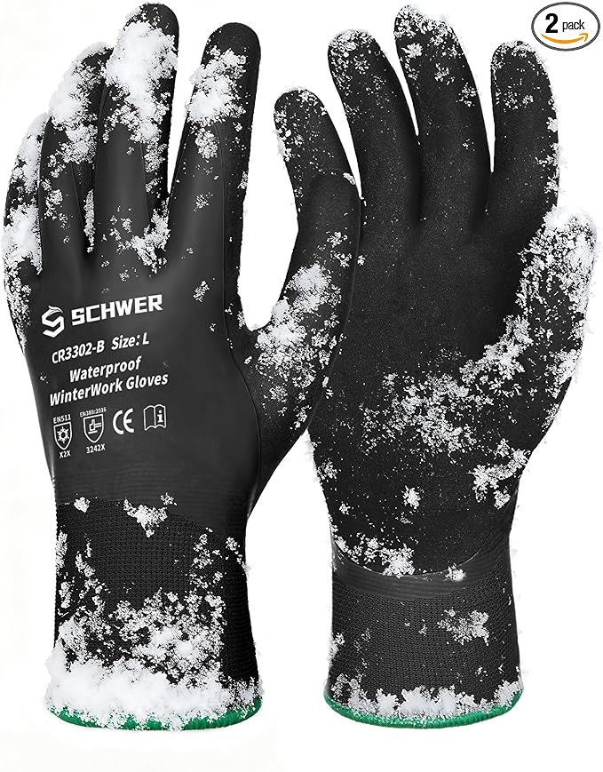 Schwer 2 Pairs Waterproof Winter Work Gloves, ANSI A2 Cut Resistant Freezer Gloves for Outdoor Cold Weather Keep Hands Warm, Thermal Insulated Gloves for Shoveling Snow, Ice Fishing, Super Grip, L