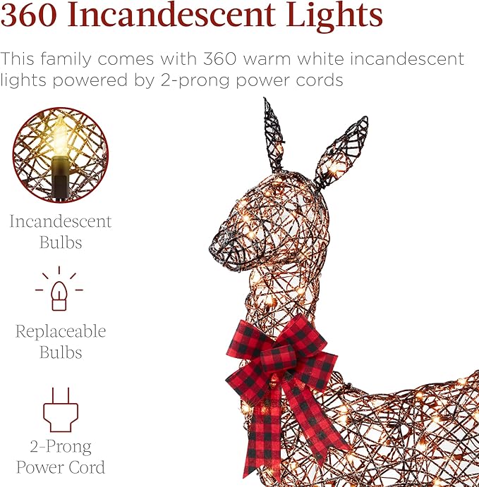 Best Choice Products 3-Piece Large Lighted Christmas Deer Family Set 5Ft Outdoor Yard Decoration with 360 LED Lights, Stakes, Zip Ties - Rattan