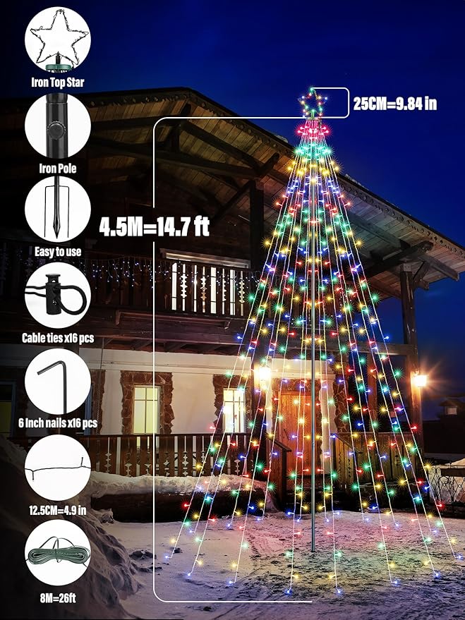 Lomotech Color Changing Christmas Tree Lights - 16Ft 664 LED with 10.5" Topper, Remote Controll Waterproof Iron Pole Waterfall Lights for Outdoor Christmas Decorations (Warm White to Multicolor)