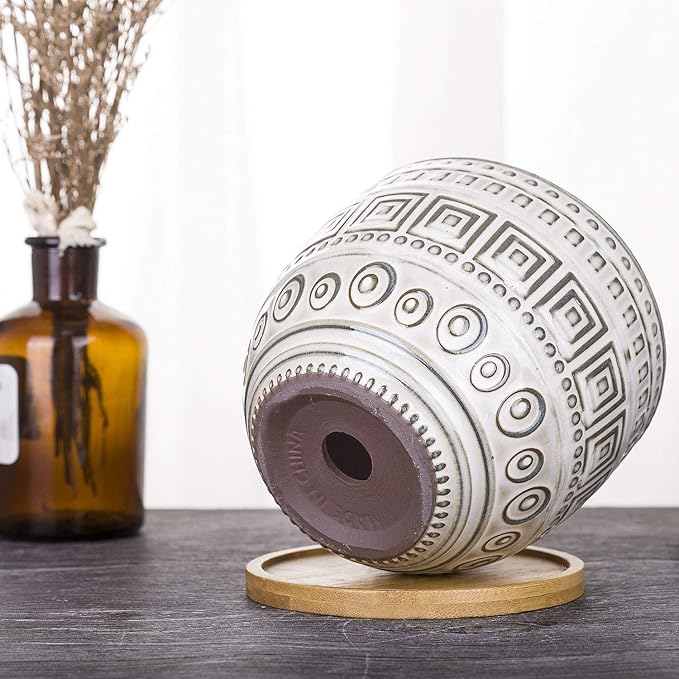 VanEnjoy 5.5 inch Large Round Bohemian Style Ceramic Planter, Geometry Engrave Off White Brown Succulent Planter Flower Pot, Indoor Outdoor Decorative Planter