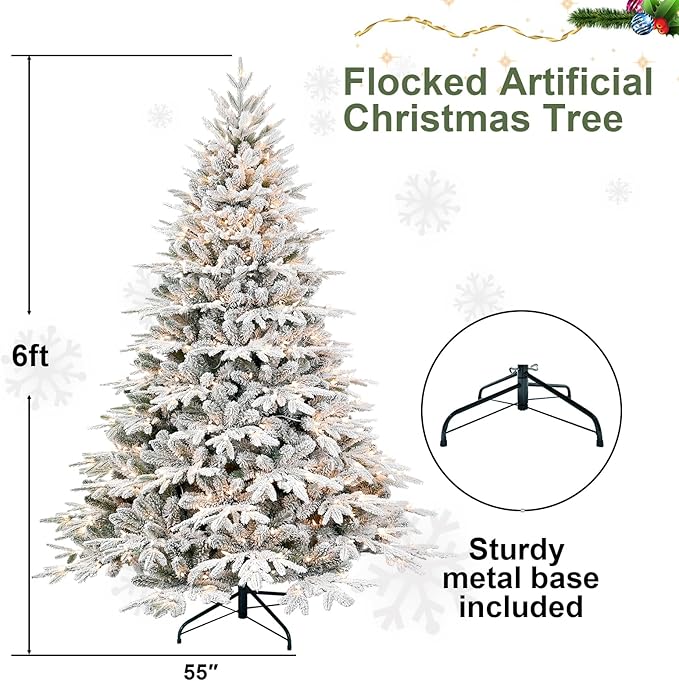 Prelit Flocked Artificial Full Christmas Tree 6FT with 2056 PE PVC Tips, Premium Snow Pre-Lit Holiday Xmas Tree with 400 UL Incandescent Lights, Foldable Base for Home Office Party